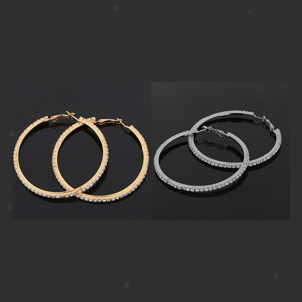 Women Girls Crystal Alloy Smooth Big Large Round Hoop Earrings 80mm 2Pairs