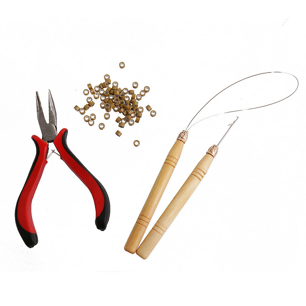 Hair Extension Kit Pliers Loop Hook Tool Hair Needle Silicone Micro Beads