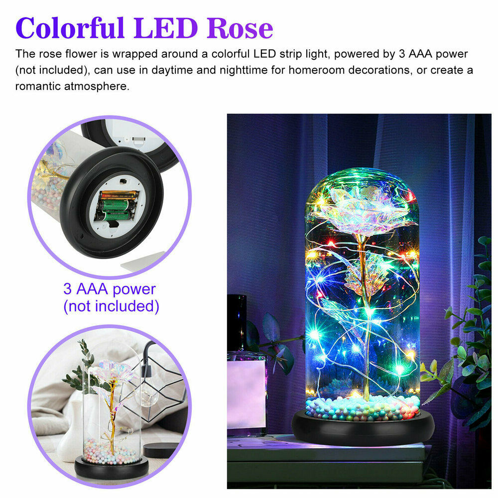 Rose Flower Home Glass LED Night Light Valentine's Day Xmas Decor Festival Gift