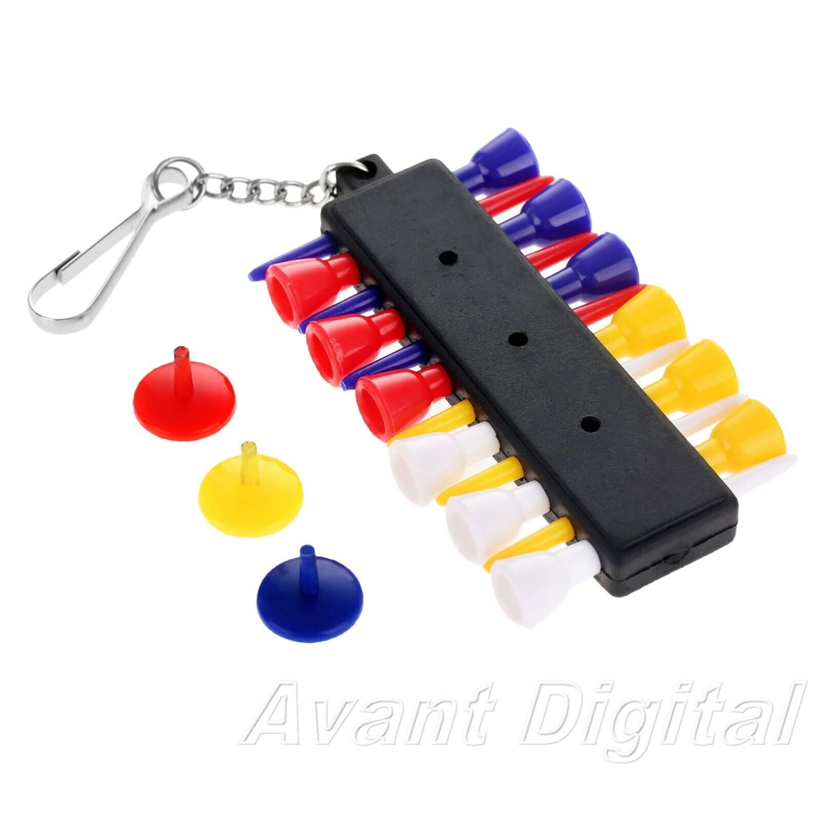 Rubber Plastic Golf Tee Black Holder With 12 Tees & 3 Ball Markers & Keychain