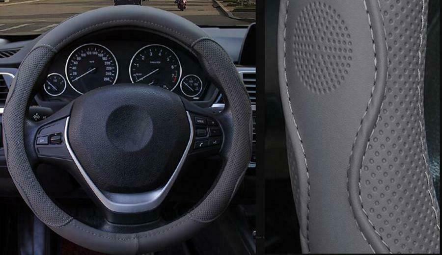 Gray PU Leather Car Steering Wheel Cover Non-slip Universal For Car SUV Truck