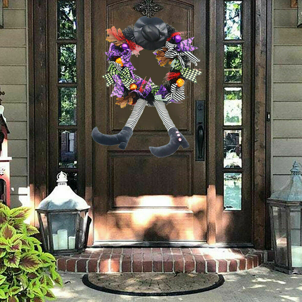 24 Inch Witch Halloween Wreath with Hat Legs Pumpkin Wreath Door Wall Decor