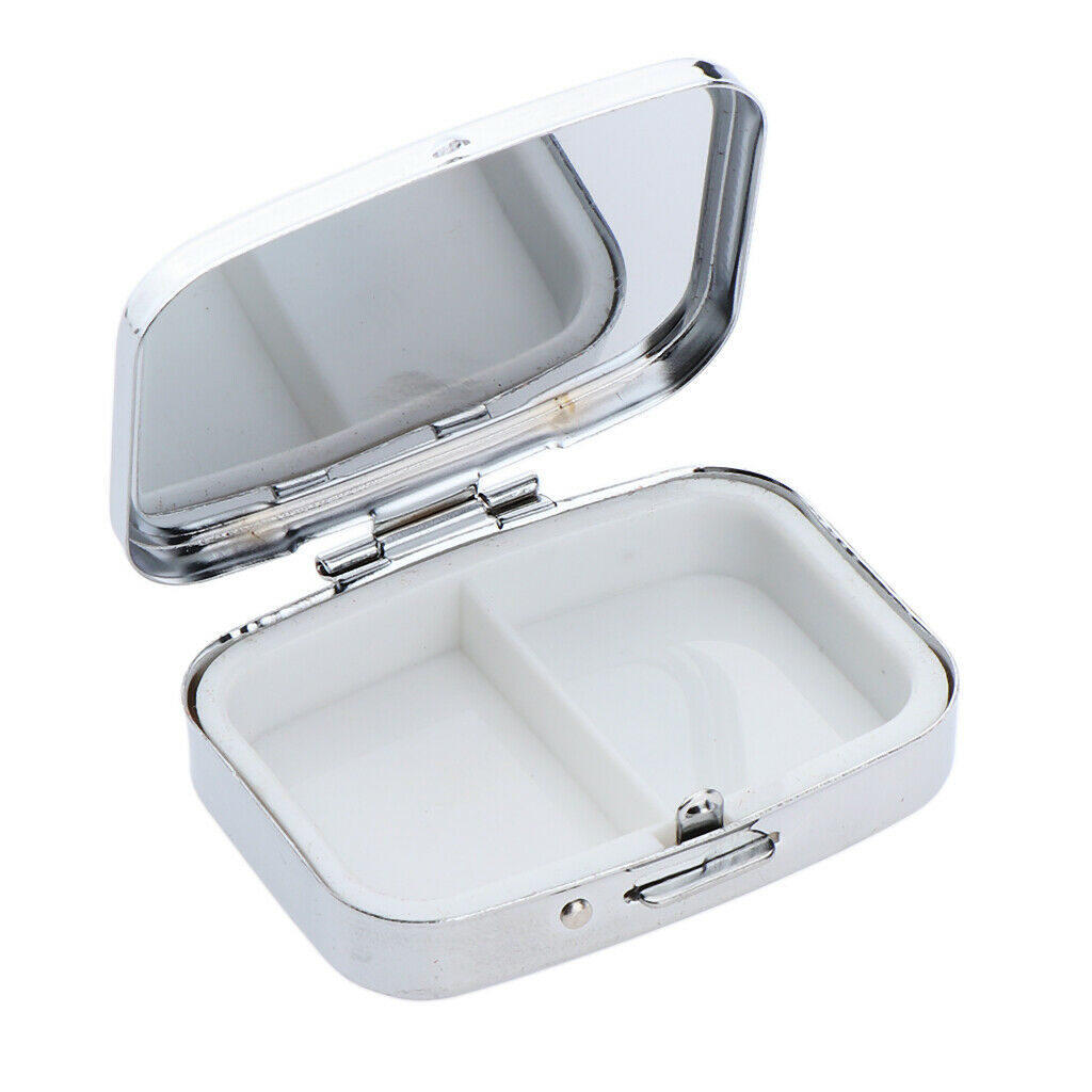 Square Stainless Steel Compact 2 Compartment Medicine Case, Pill Box for Pocket