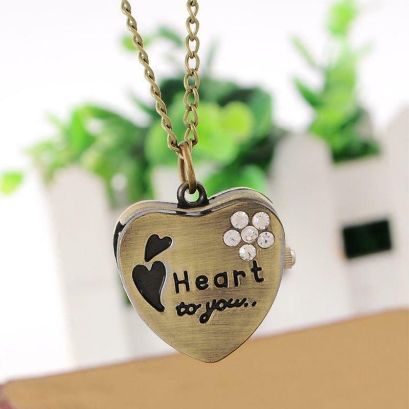 Pocket Watch Quartz Heart Shape Couple Pendant Necklace Watches Charm Gifts