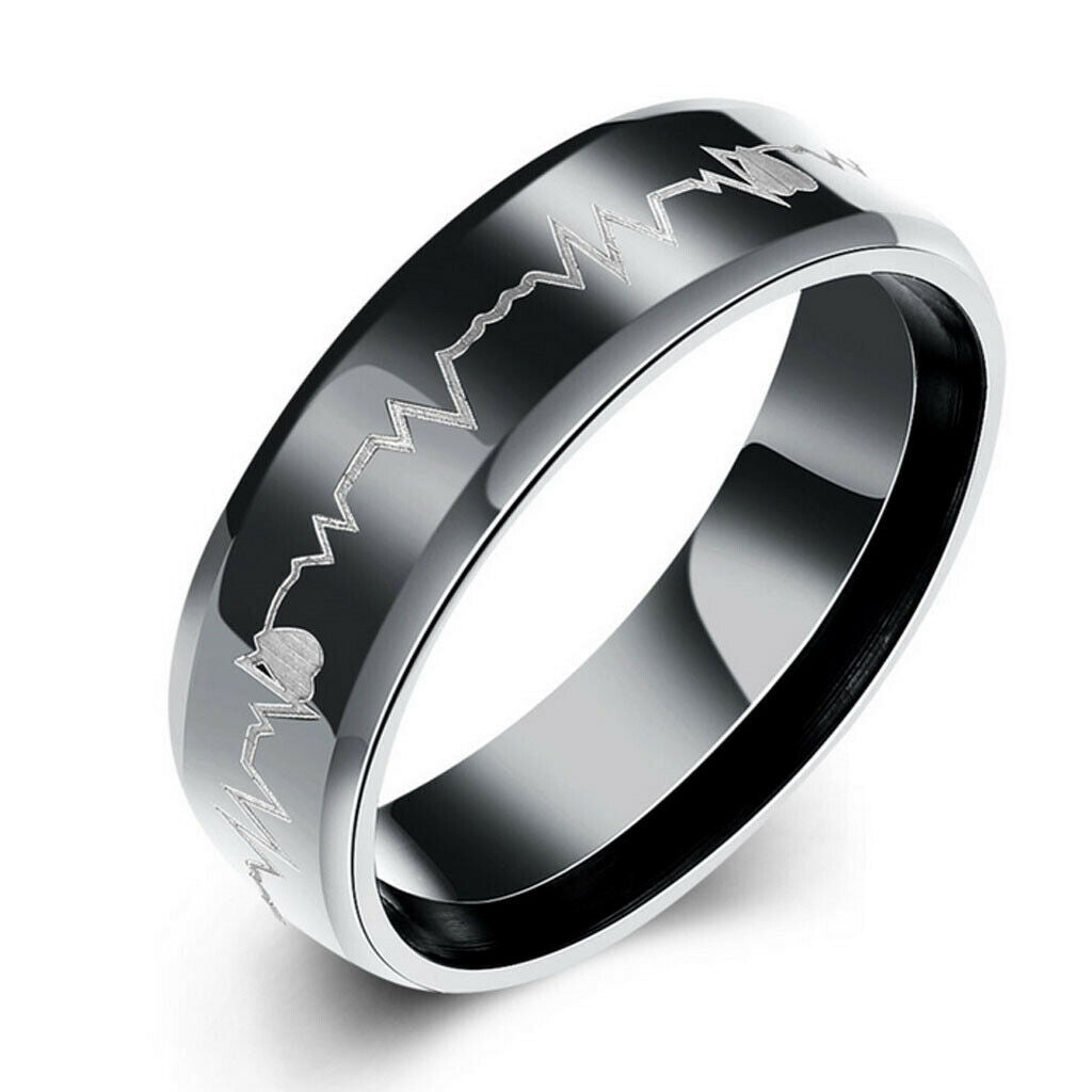 Stainless Steel Heartbeat Comfort Fit Ring Wedding Band Engraved Love US 9