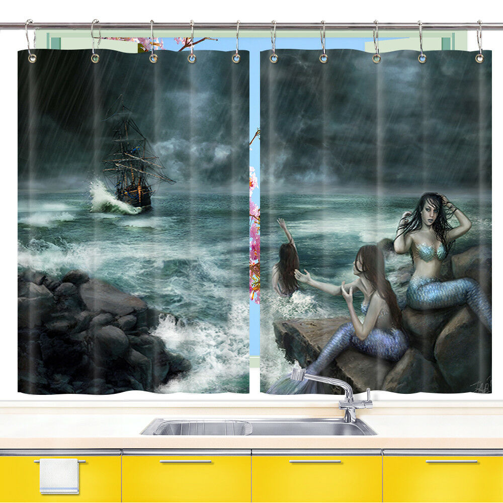 Mermaid Decor Window Treatments for Kitchen Curtains 2 Panels, 55X39 Inches