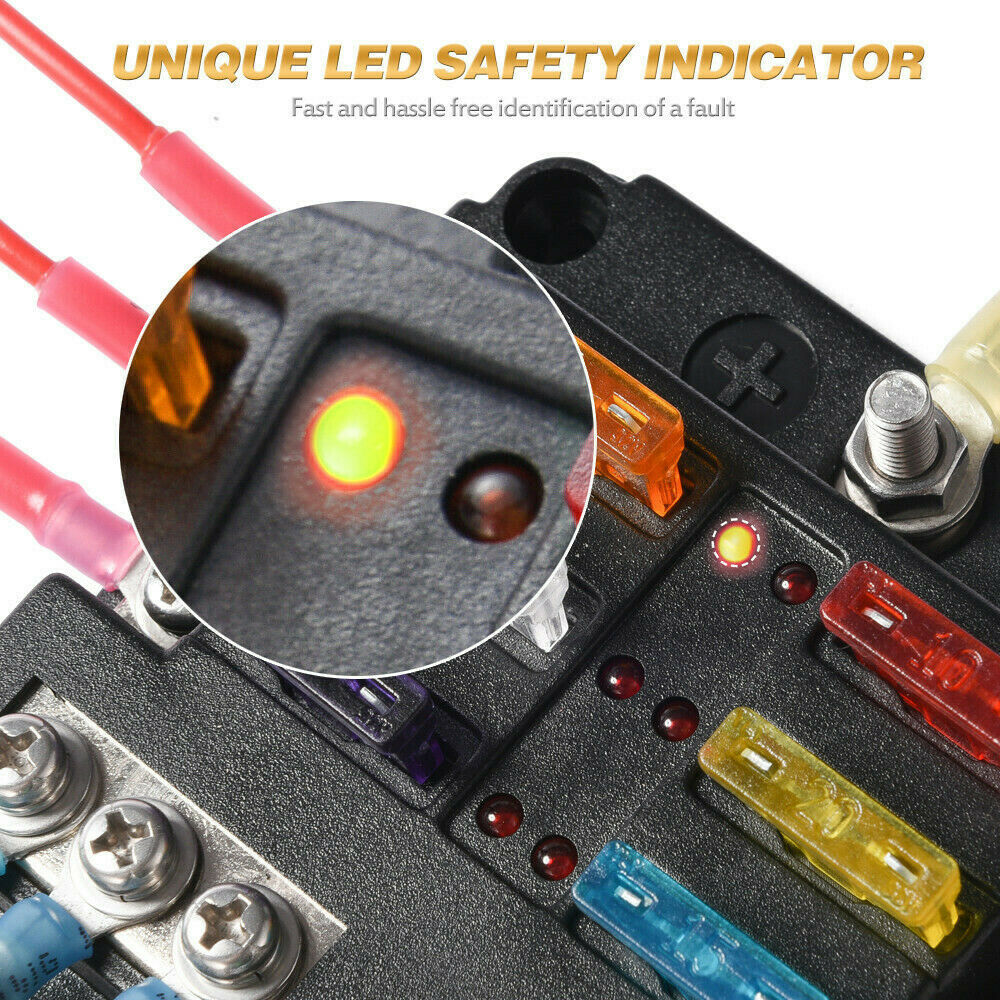 6-Way Auto Blade Fuse Holder Box Block with LED Indicator for 12V 24V Car Marine