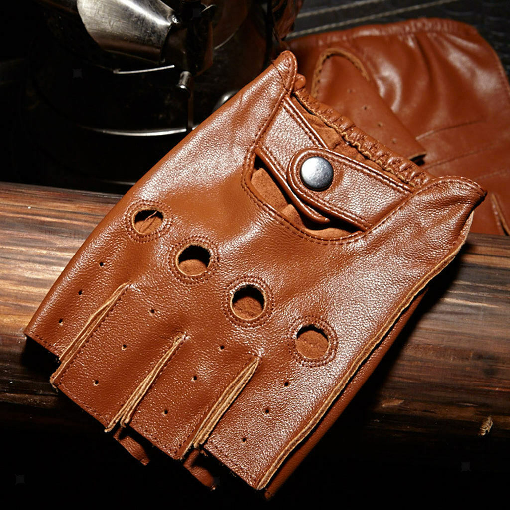 Retro PU Leather Men Fingerless Driving - Brown Button, L