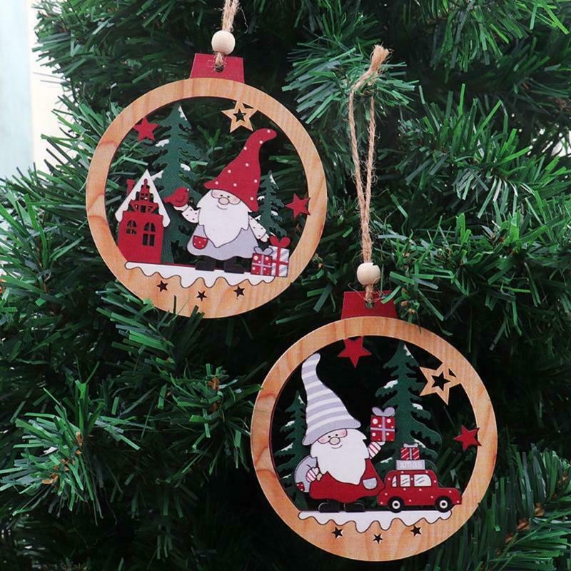 2pcs Christmas Car Gnome Santa Wooden Round Hanging Pendant Cartoon Santa Xmas