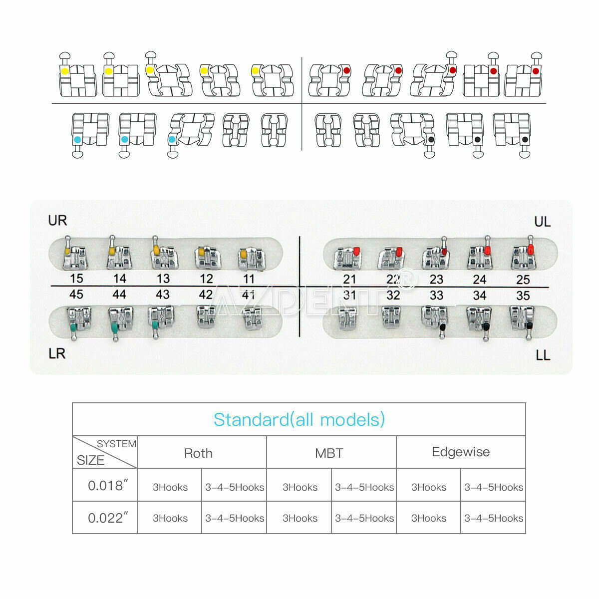 20 X Dental Orthodontic Bracket Braces Standard MBT 018 Hooks 3-4-5 AZDENT Metal