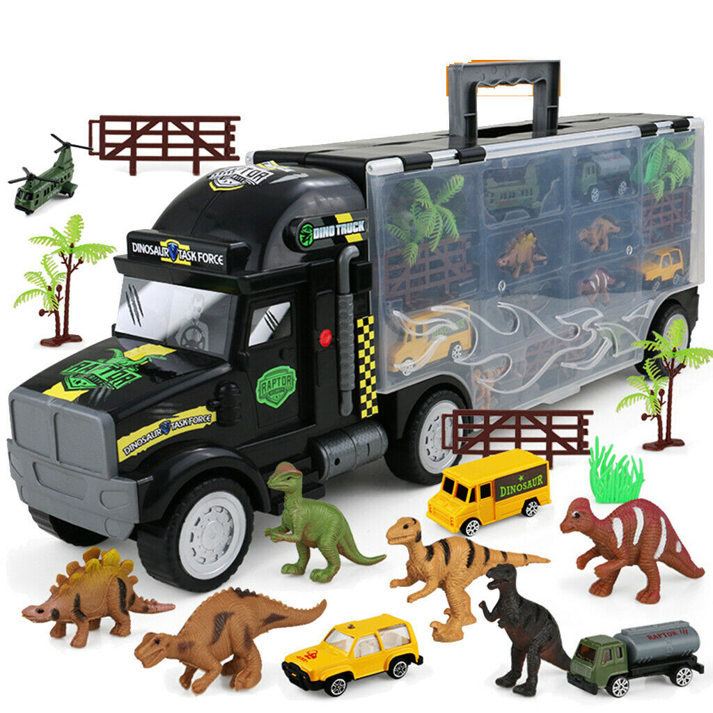 Pack of 16 Dinosaur Truck Carrier with Dinosaur Figures, Cars, Airplane and