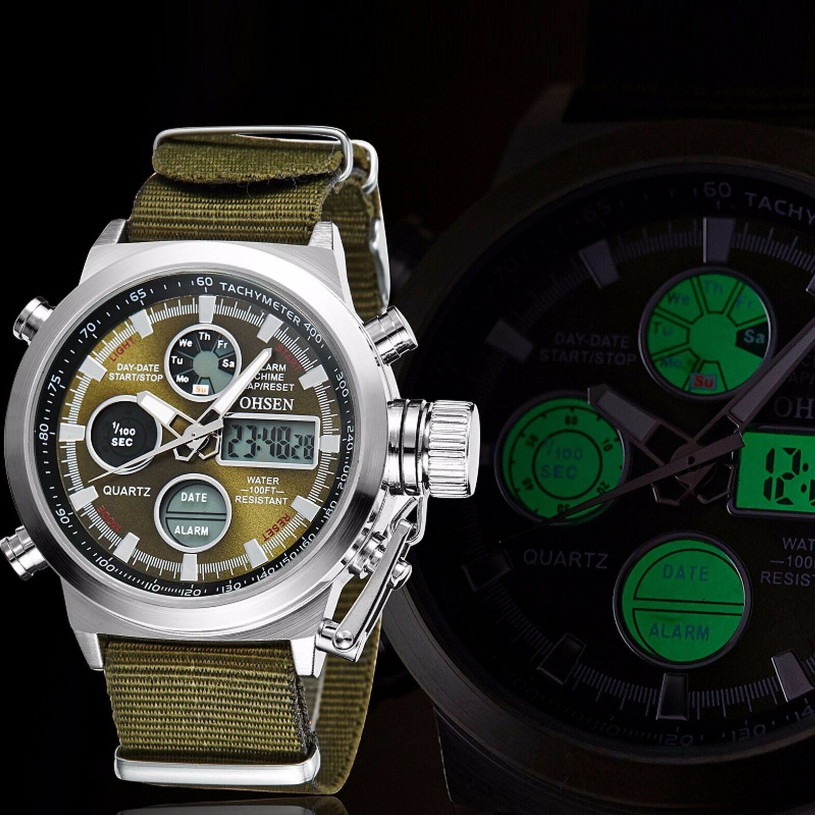 Digital Quartz Nylon Canvas Sport Men Military Army Green Analog Wrist Watch
