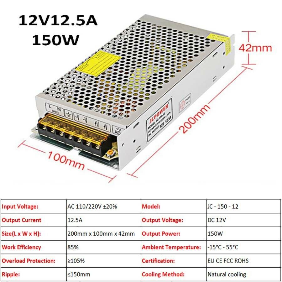 12V 12.5A 150W DC Regulated Switching Power Supply PSU Driver LED Strip CCTV
