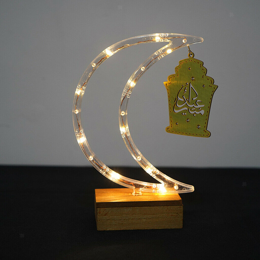 Islam Moon Lights Mubarak Ramadan Eid with Wooden Base 2 AA Battery Operated