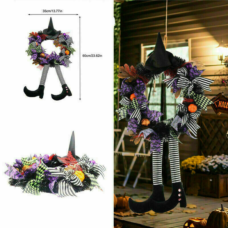 Halloween Wreath With Hat Legs Front Door Hanging Pumpkin Wreath For Home Decor