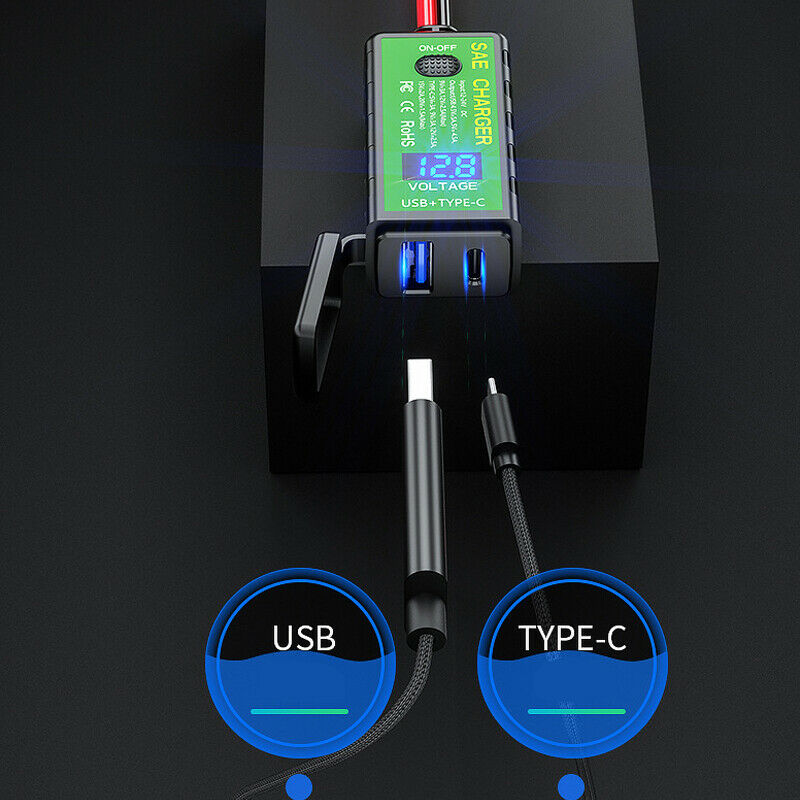 Motorcycle Voltage Display 4.8A Charging Adapter USB + type-C Dual Phone Charger