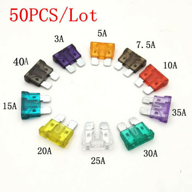 50x Medium Auto Car Blade Fuse Assortment 3A 5A 7.5A 10A 15A 20A 25A 30A 35A 40A