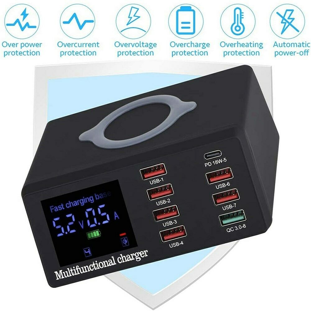 100W PD Fast Charger 8 Ports USB Charger QC 3.0 Adapter HUB Wireless Charger CA