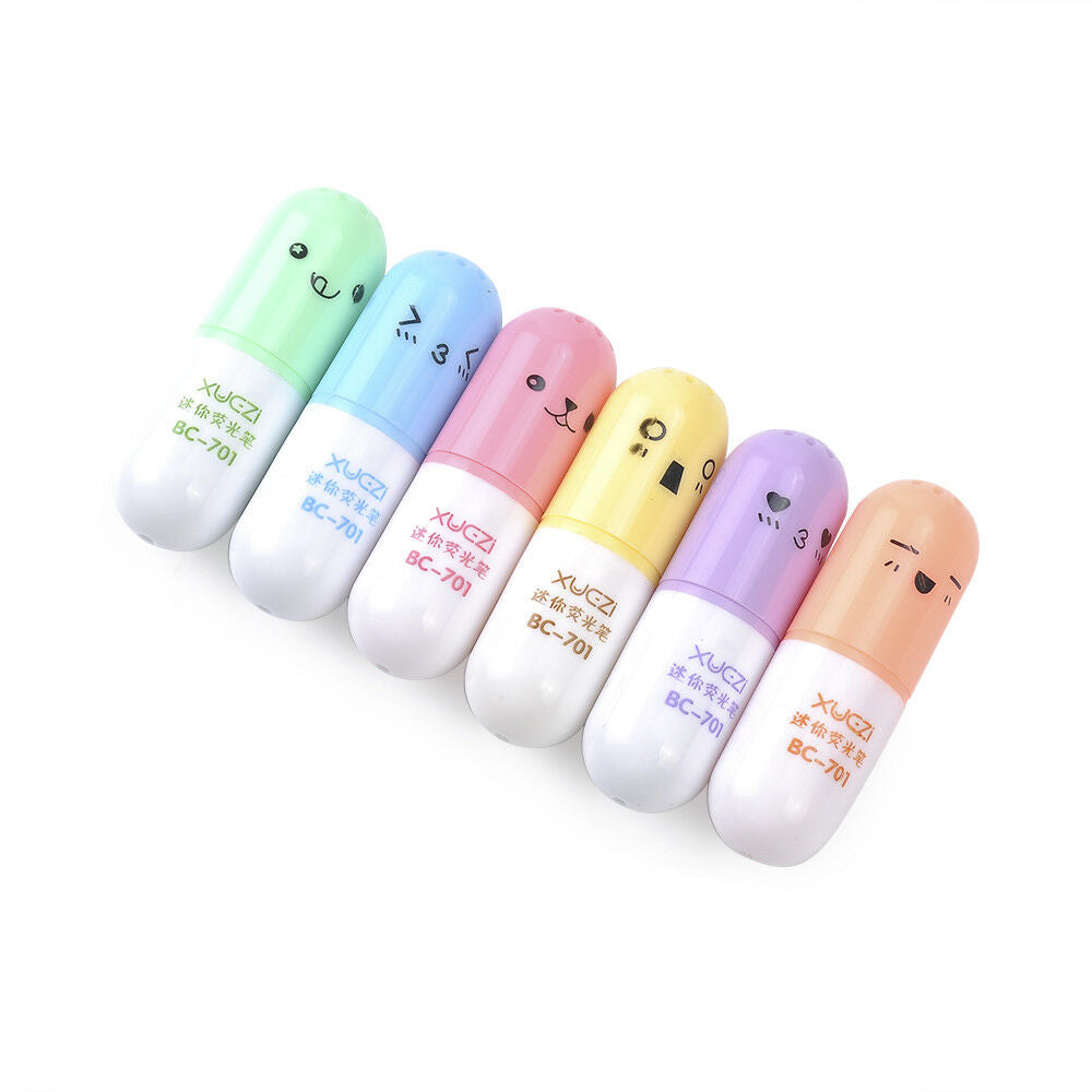 6pcs Cute Smiling Face Pill Highlighter Pens Stationery School Office Supplies