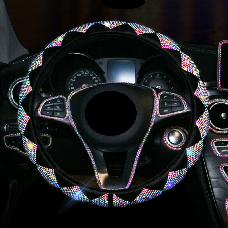 Car Anti Slip Interior 38cm 15" Color Diamond Suede Steering Wheel Cover w/Bling