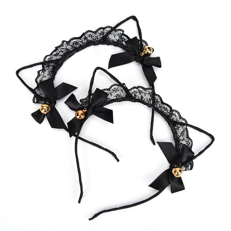 Women Lace Cat Ears Headband Bells Party Costume Fancy Dress Hair Hoop HairbandW
