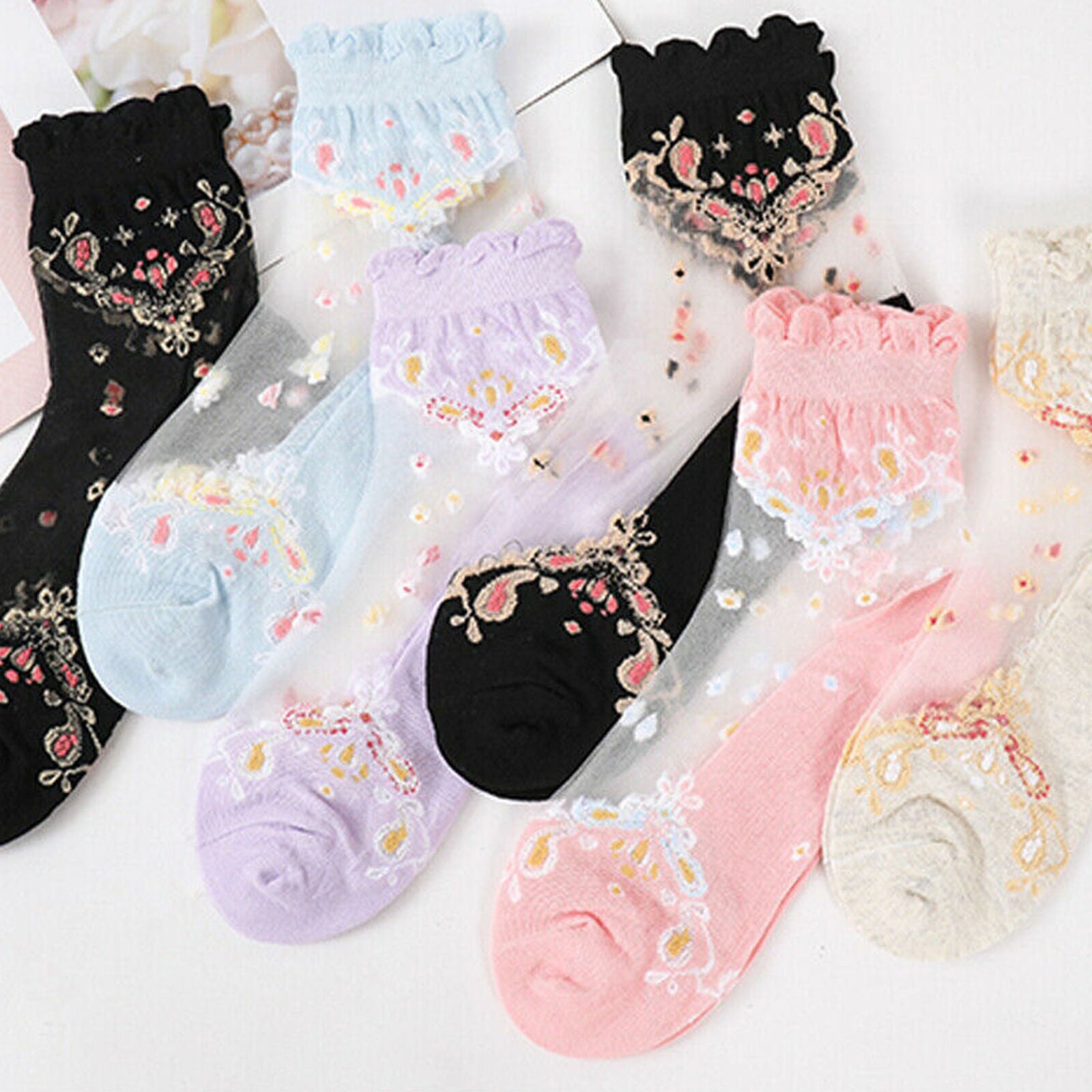 6 Pairs Ladies Floral Sheer Lace Ruffle Short Ankle Socks Lolita Cute Thin Socks