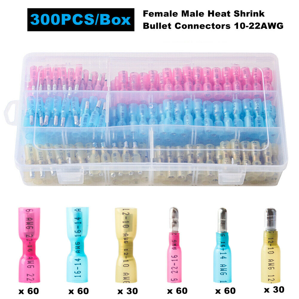 300Pcs Heat Shrink Bullet Wire Connectors 22-10AWG Male Female Crimp Terminals