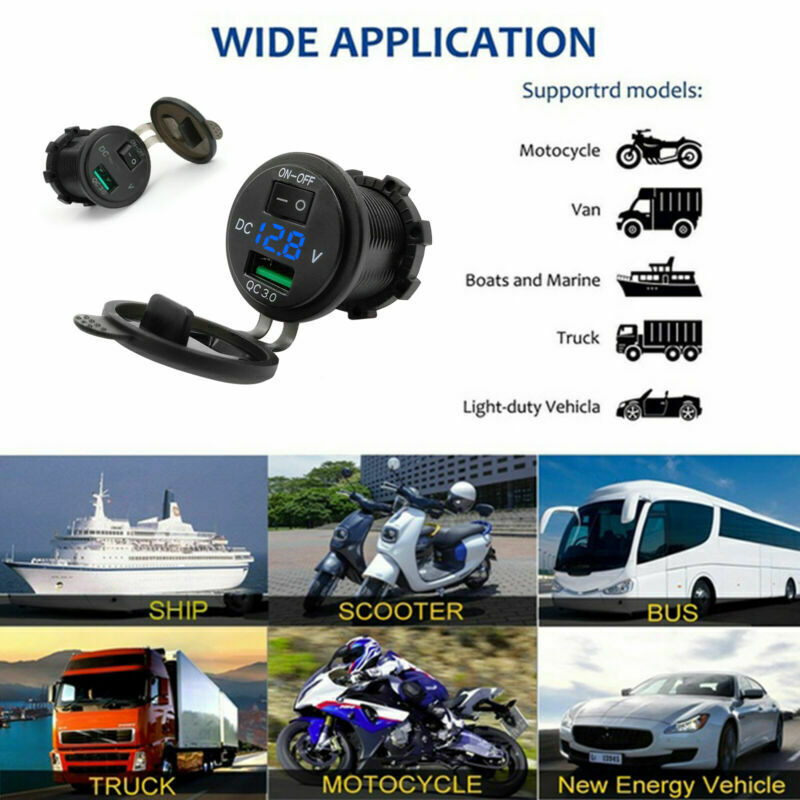 USB Charger QC On&Off Switch Outlet Fast 3.0 25W Socket Fit Motorcycle Car Blue