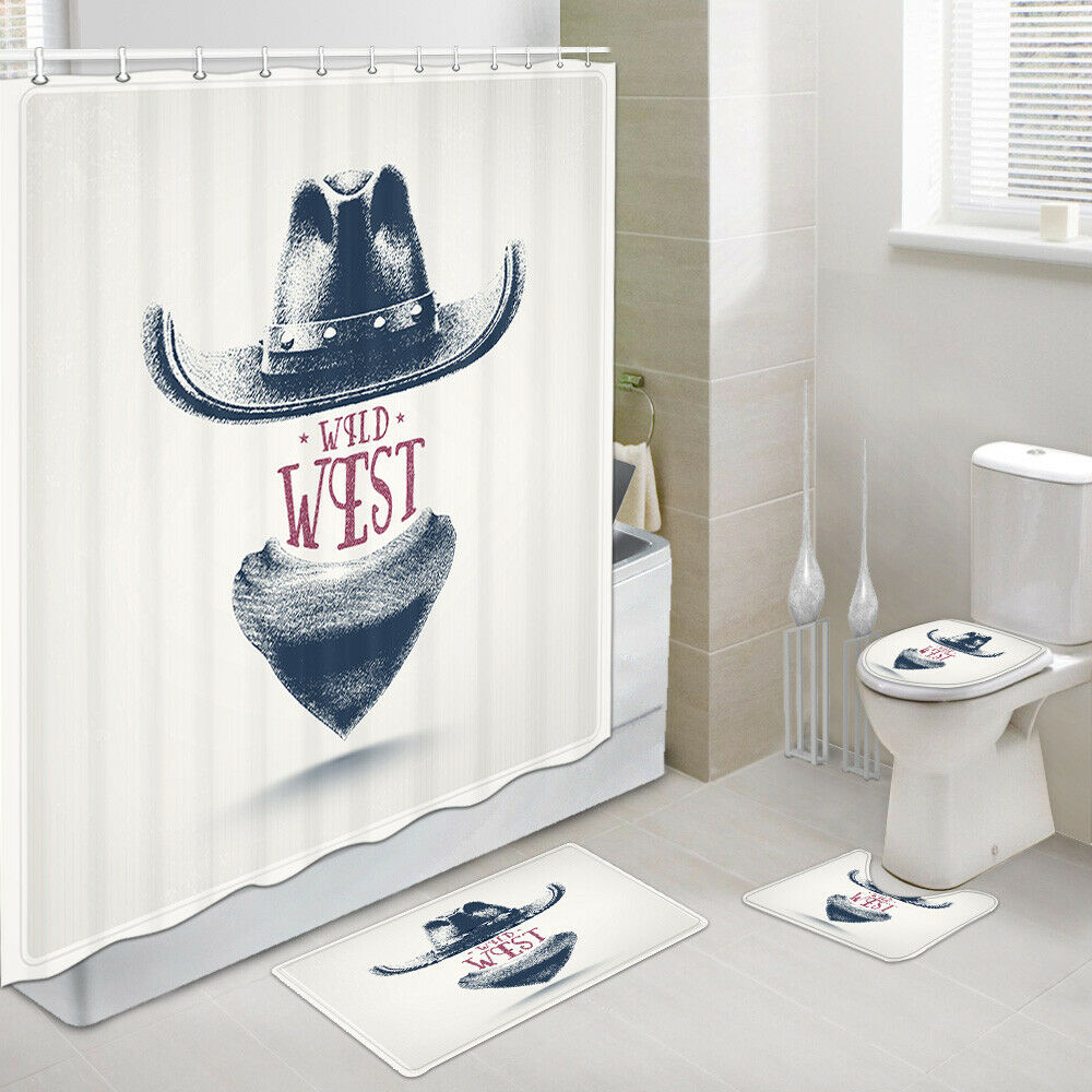 Western Cowboy Hat Shower Curtain Set Bath Rug Toilet Lid Seat Cover 4PCS-Set
