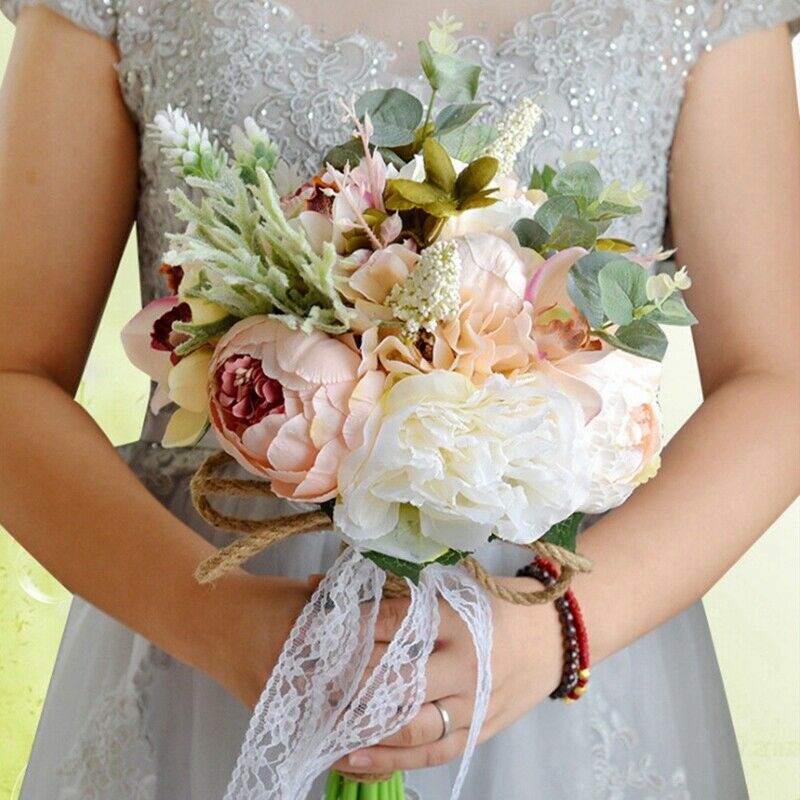 Artificial Peony Rose Flower Bouquet for Bride Bridesmaid Handmade Wedding BQ6N7