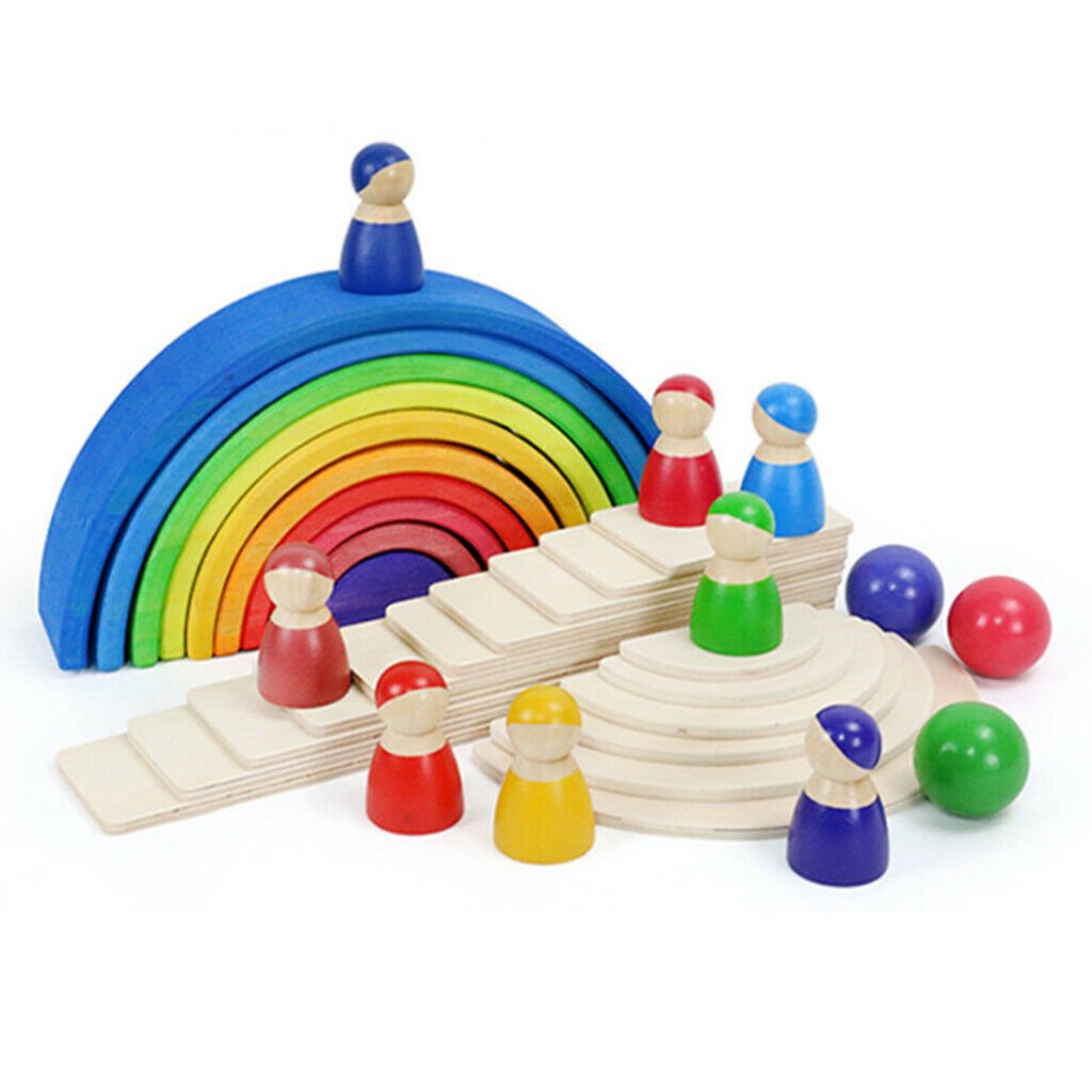 Wooden Rainbow Stacking Toddler Montessori Kids Early Learning Educational