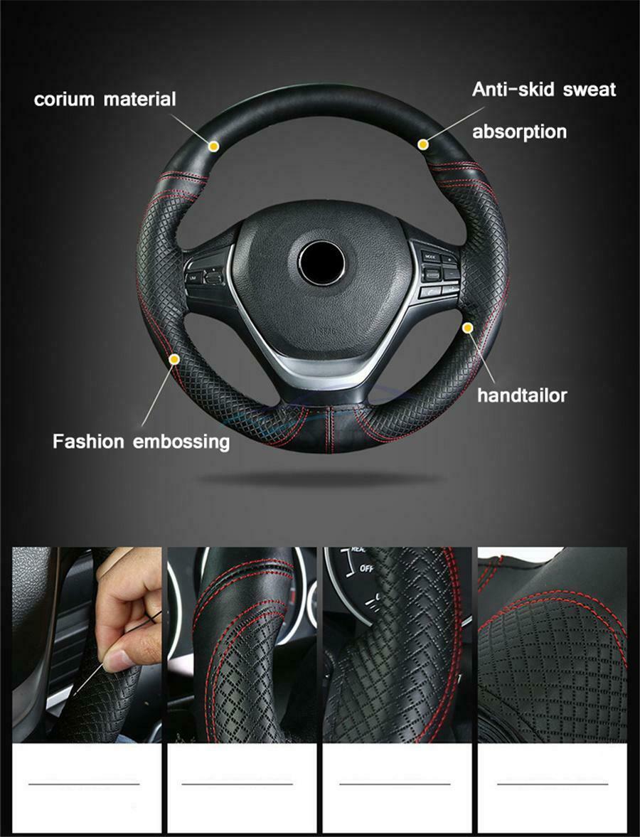 1×Black&Red Line Universal Nonslip Car Truck Steering Wheel Cover Trim Protector