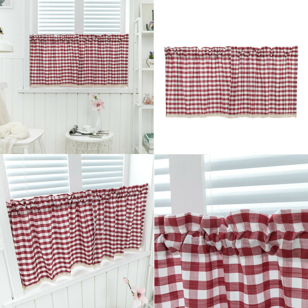 2x Check Laces Cafe Kitchen Curtain Valances European Rural Window for