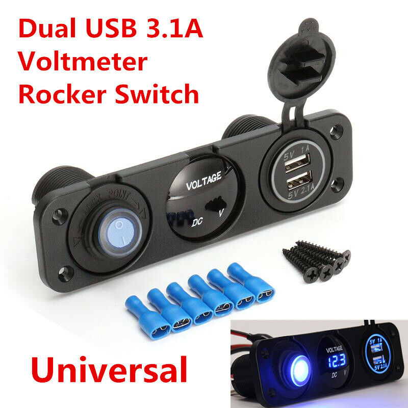 LED Digital Display Voltmeter Rocker Switch Panel USB Charger Cigarette Lighter