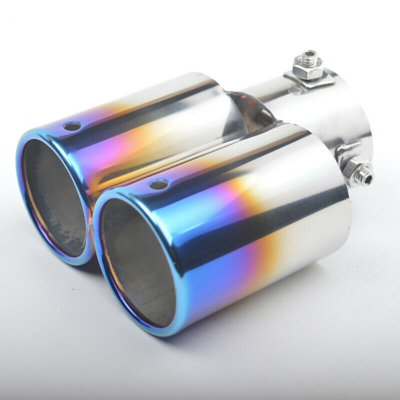 63mm Inlet Car Exhaust Pipe Tip Muffler Stainless Steel Dual Outlet Toasted Blue