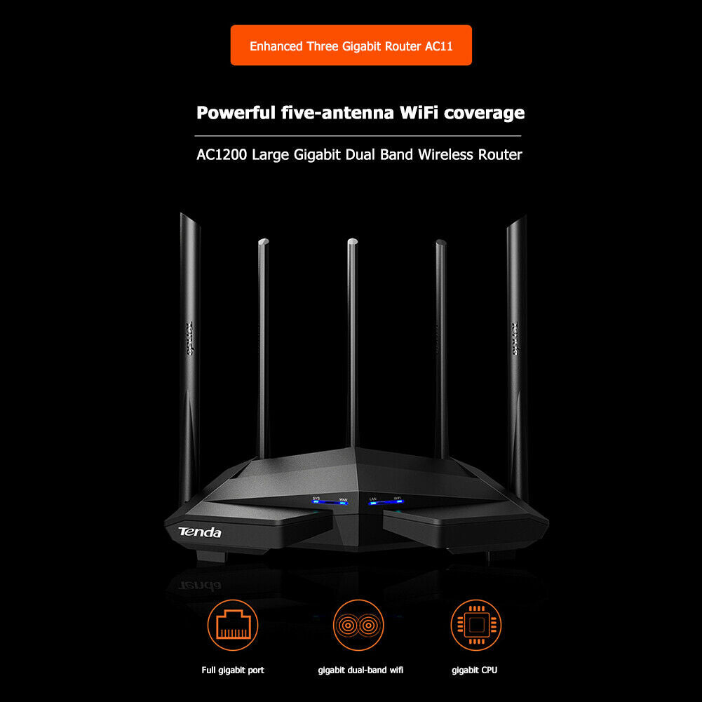 Tenda AC11 2.4+5G Wireless Router 1200M 5x6dBi Antennas Dual-Band Repeater