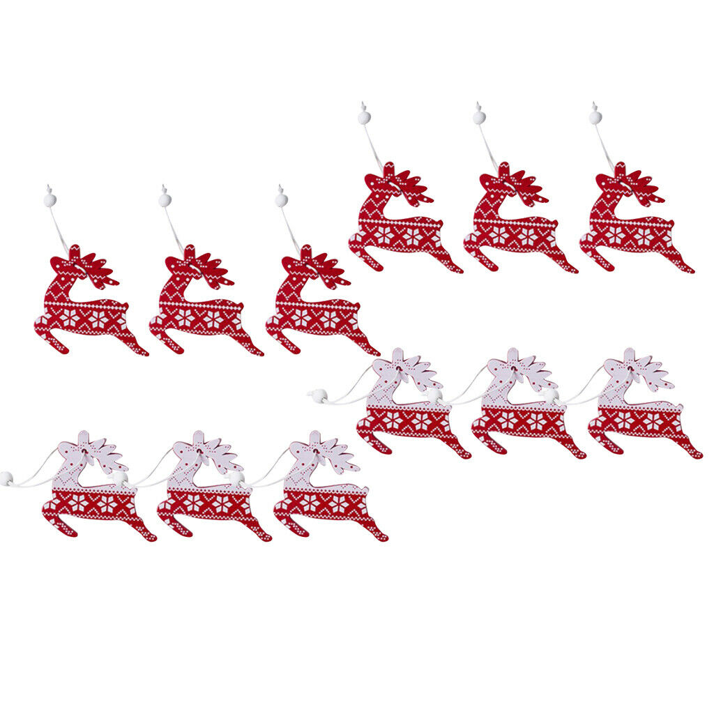 12pcs Christmas Elk Wooden Hanging Tags With Jute Twine In Box Red And White