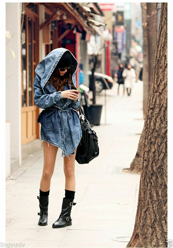 New Fashion Women Lady Denim Trench Coat Hoodie Hooded Outerwear Jean Jacket