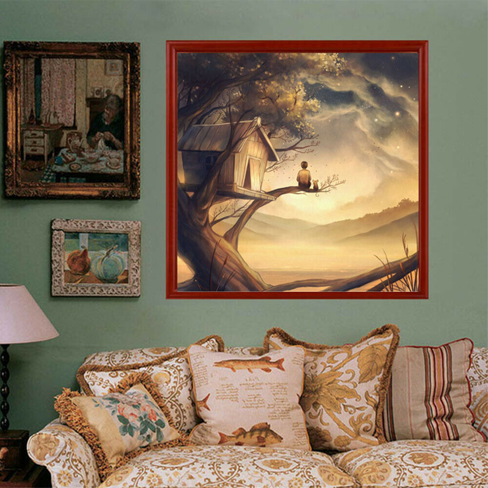 Wooden House Boy Round Diamond Painting 5D Full Drill Cross Stitch Drawing @