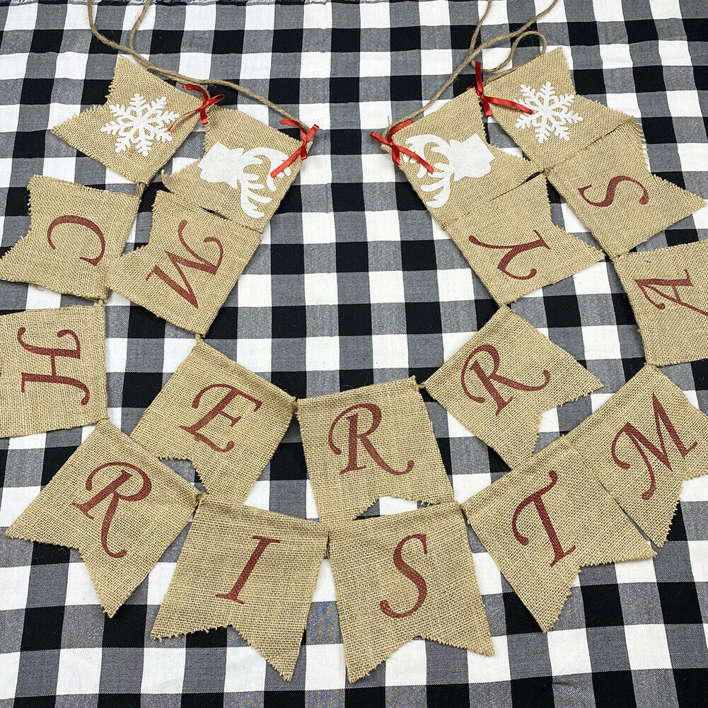 Merry Christmas Letters Banners Linen Hanging Flags Xmas Bunting Garland @