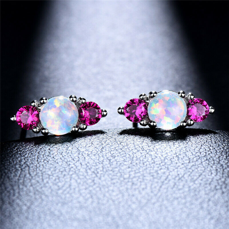 Fashion Pink Crystal White Simulated Opal Dangle Stud Earrings Wedding  Gift