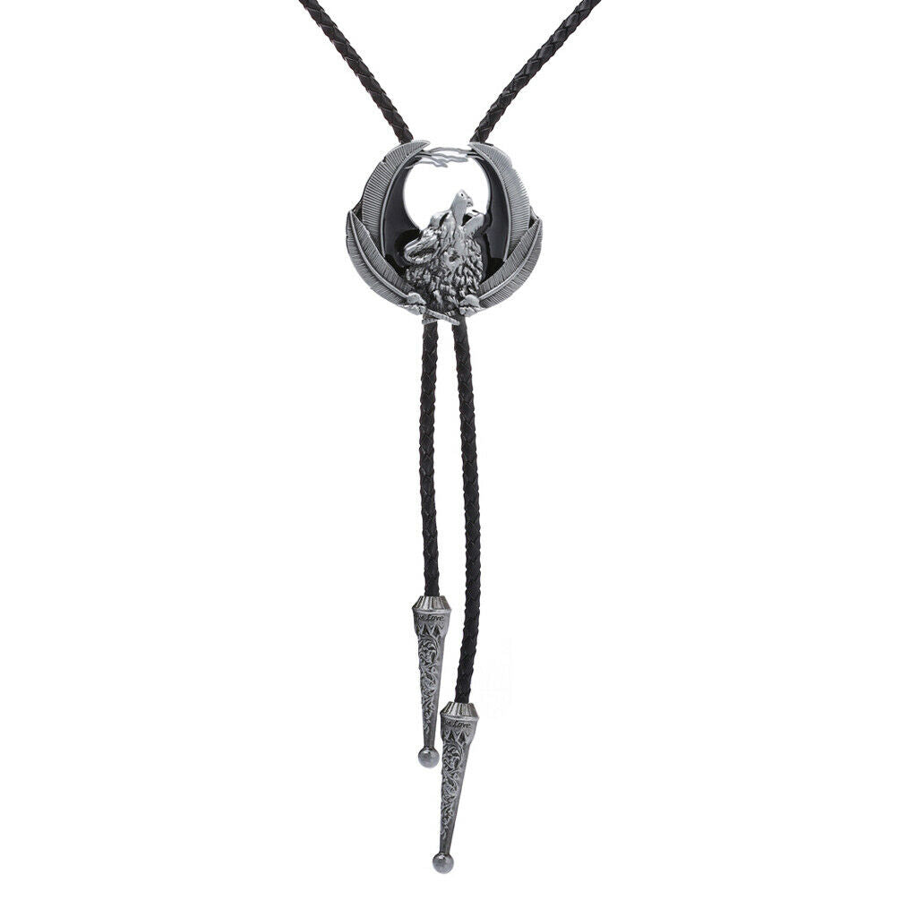 2 Pieces Retro Howling Wolf Bolo Tie Western Cowboy Leather Bola Necktie for Men