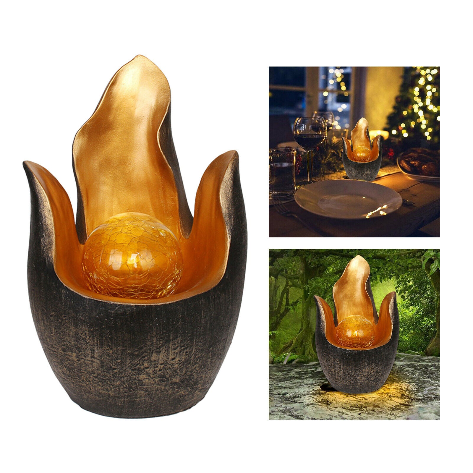 Polyresin Flower Warm White Solar Light Amber Crackle Globe Glass Decoration