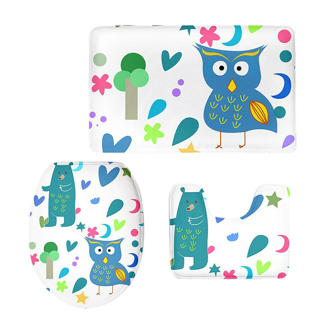 3PCS Owl Series Bathroom Toilet Covers Set Flannel Mats Bathroom Rug 5