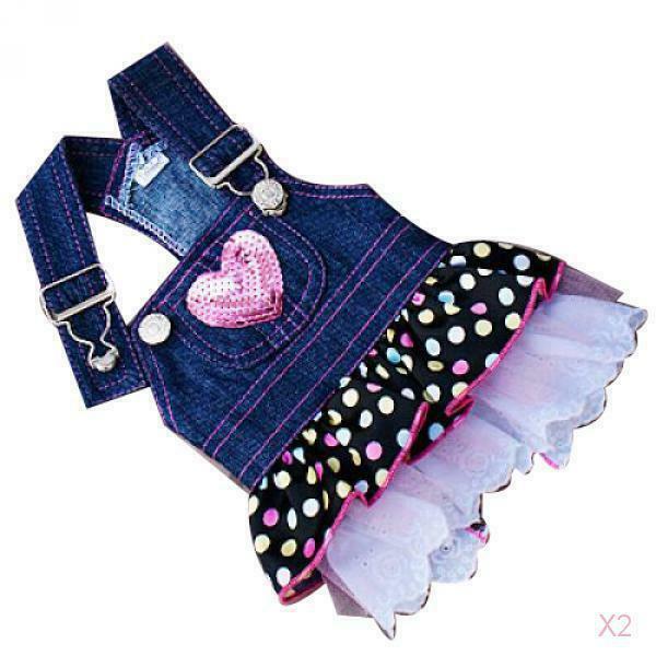 Dog Puppy Denim Dungarees Pink Heart Sequin Polka Dot Ruffle Jumper Dress XS