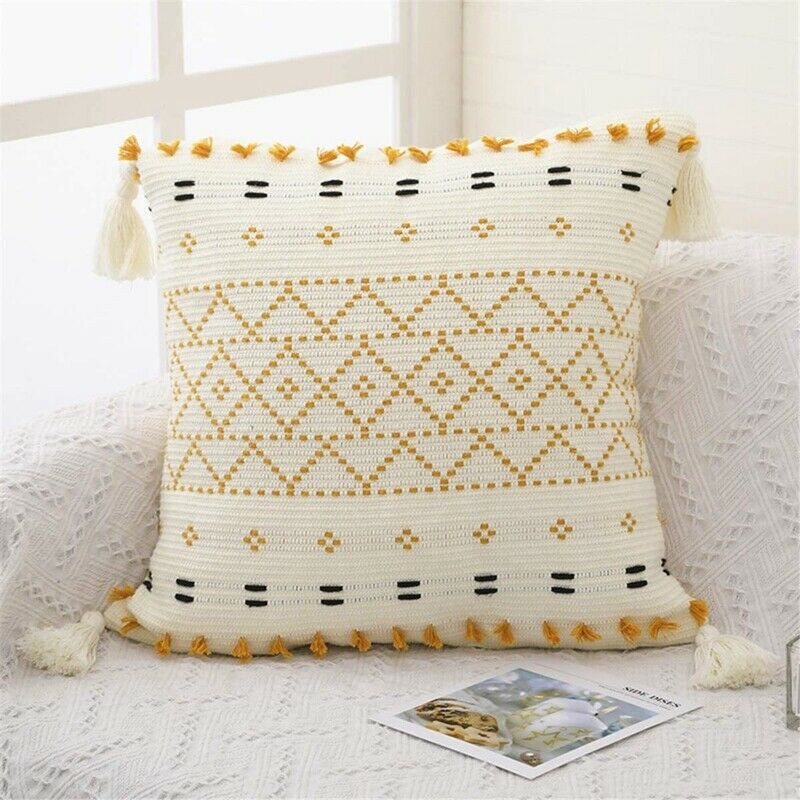 Boho Throw Pillow Covers, 18 x 18 Inch Natural Cotton Hand-Woven Tufted DecoV4T3