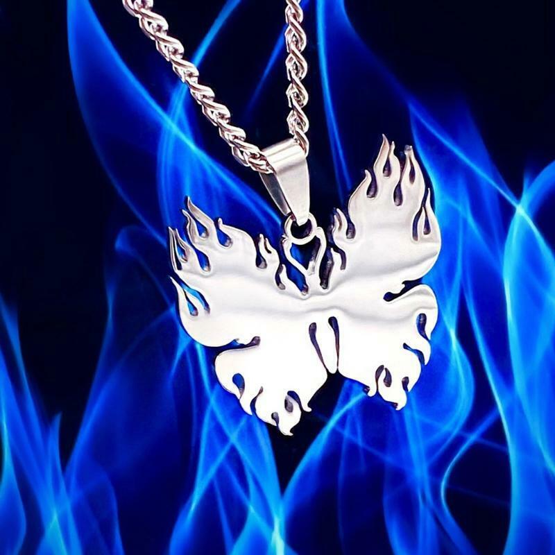 Flame Butterfly Pendant Necklace Hip-Hop Rock Stainless Steel Chain Jewelry Gift