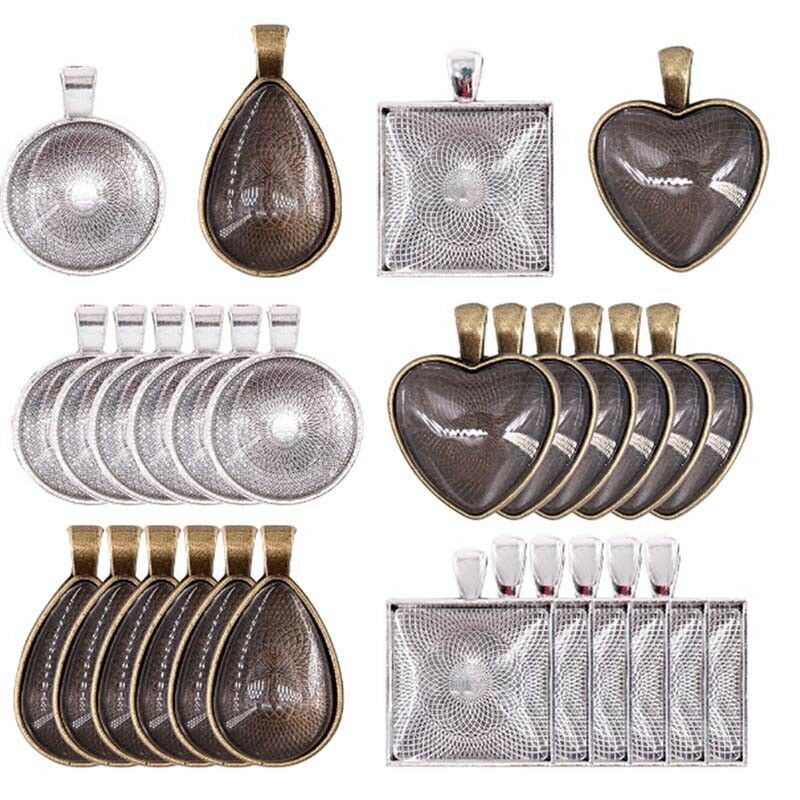 48 Pendant Trays Teardrop Bright Glass Cabochon Dome Tiles DIY Jewelry J.ec NC