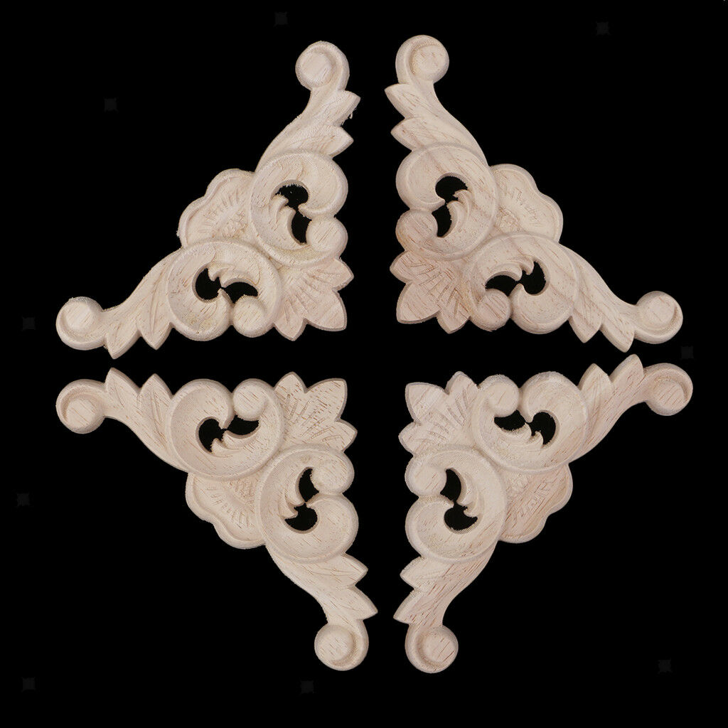 4x Natural Wood Carved Corner Onlay Applique Furniture Frame Craft Decor #1