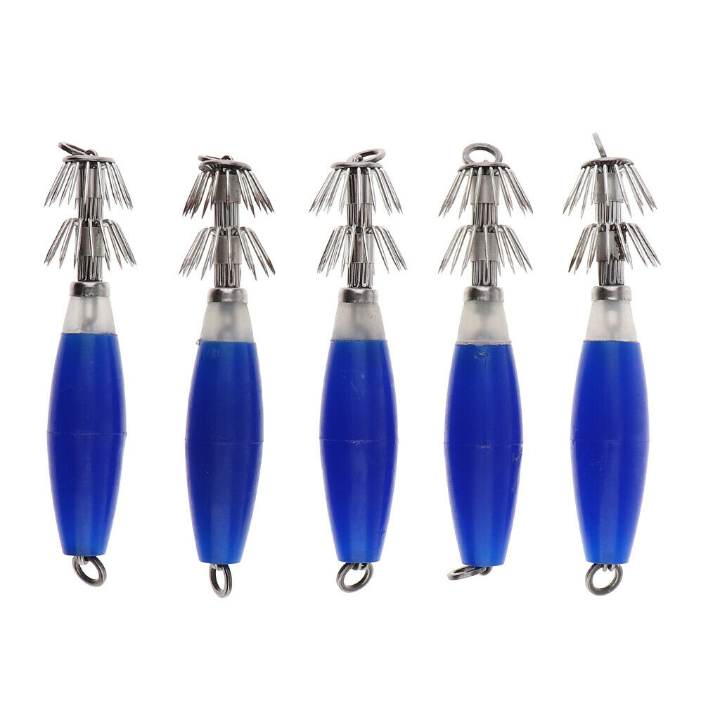 5pcs Luminous Blue Squid Jigs Glow in Dark Tackle Saltwater Fishing Lures